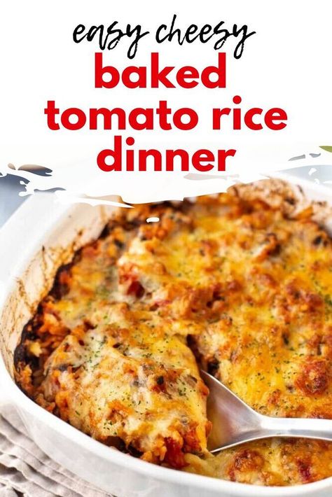 This baked tomato rice is easy to make, and it’s especially irresistible with a gooey cheese topping. Lazy Tomato Rice, Rice And Tomato Recipe, Rice Casseroles, Casserole With Rice, Tomato Side Dishes, One Pot Rice Meals, Rice Meals, Sundried Tomato Pesto, Rice Side Dish Recipes