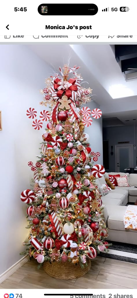 Christmas Tree Theme Red And White, Christmas Gingerbread Theme Decorations, Ginger Bread Themed Christmas Tree, Red And White Gingerbread Christmas Tree, Christmas Tree Gingerbread Theme, Themed Christmas Tree Ideas 2024, Gingerbread Christmas Tree Theme, Cardinal Christmas Tree Ideas, Movie Themed Christmas Tree