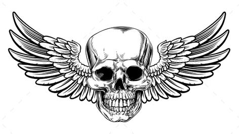 Winged Skull Vintage Woodcut Etched Style by Krisdog | GraphicRiver Tattoo Crane, Grim Reaper Drawing, Reaper Drawing, Rock Tattoo, Wing Tattoo Designs, Winged Skull, Skull Art Drawing, Wings Drawing, Skulls Drawing