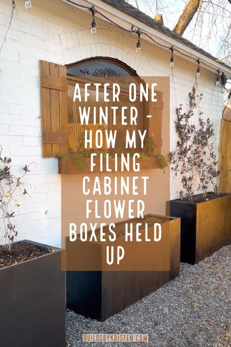 Filing Cabinet Flower Boxes Update – After One Winter - buildsbykristen.com Planter Attached To House, File Cabinet Planter, Diy File Cabinet, Privacy Planter, File Cabinet Makeover, Outdoor Planter Boxes, Raised Planter Boxes, Garden Boxes Raised, Metal Planter Boxes