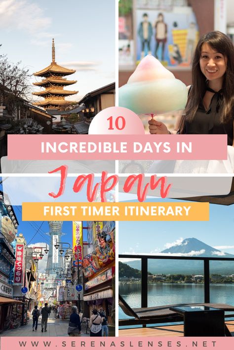 Pinterest Pin: 10 incredible days in Japan - a first timer itinerary including 4 photos of japan: top left is a photo of the Yasaka Pagoda in Kyoto; top right is a girl holding a giant cotton candy in Harajuku in Tokyo; bottom left is a photo of Osaka; bottom right is a photo of a hotel with view of Mt. Fuji in Japan. Itenerary Travel Japan, 9 Days In Japan, Travelling In Japan, Must See In Japan, Japan Travel Itinerary 10 Days, 10 Days In Japan Itinerary, 10 Day Itinerary Japan, 10 Day Japan Itinerary, Japan Must Visit Places