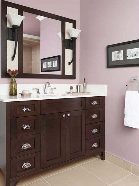 Purple: Sweet Lavender      Once on the walls, paint colors intensify, and lavender is a strong paint color. A rule of thumb: Choose the top (and the lightest) color on the paint card when selecting lavender for the walls.        -- Jeffrey Bilhuber, New York City designer Pastel Purple Bathroom, Lavender Wall Paint, Pastel Bathroom Ideas, Purple Bathroom Ideas, Decorating With Color, Pastel Bathroom, Lavender Bathroom, Purple Bathroom, Lavender Wall