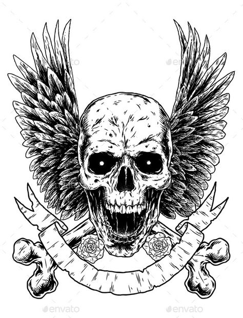 Rock Tattoo Designs, Skull And Wings Tattoo, Skull With Wings Tattoo, Skull Wings Tattoo, Skull Inspiration, Stylized Rock, Wings Illustration, Motorcycle Art Painting, Eagles Jacket