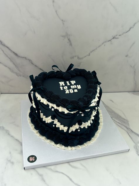 Rip to my 20s black heart cake Rip To My 20s Birthday Cake, Rip 20s Hello 30s Cake, 30th Birthday Cake Women, Rip To My Youth Cake, Rip To My 20s Party Ideas, Rip Birthday Cake, Rip 20s Birthday Party Cake, Rip 30th Birthday Cake, Rip Twenties Birthday Cake