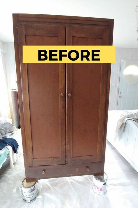 Diy Armoire Makeover, Upcycle Wardrobe, Armoire Repurpose, Armoire Diy, Kids Armoire, Decorate On A Budget, Armoire Makeover, Painted Armoire, Painted Wardrobe