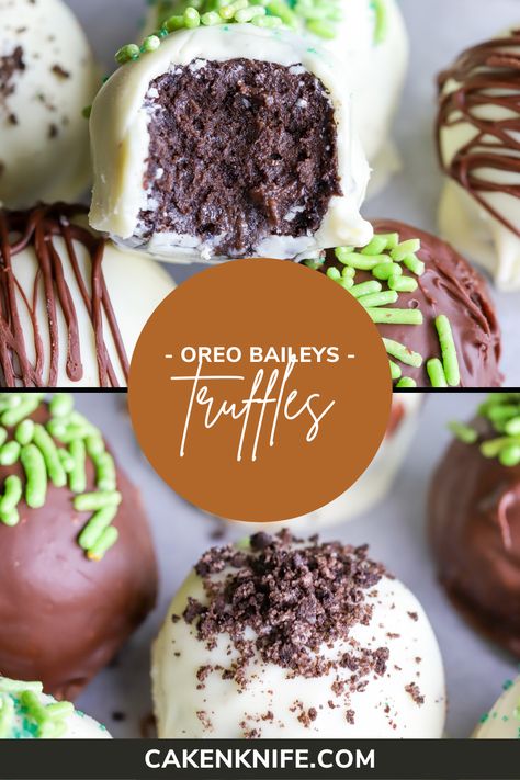 Oreo Bailey’s Truffles are creamy, rich, and a little bit boozy! The festive balls are ideal for your St. Patrick’s Day celebrations. You can easily make them ahead of time and they are make fabulous gifts too! | cakenknife.com Baileys Balls Recipe, Boozy Balls, Hot Chocolate Espresso, Bailey Truffles, Baileys Cake, Irish Cream Recipe, Oreo Truffle, Alcohol Cake, Yummy Dessert Recipes