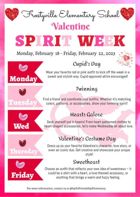 Red Ribbon Week Ideas Highschool, Valentines Spirit Week Ideas, Valentines Day Spirit Week, Spirit Week Ideas For Workplace, Spirit Week Flyer, Fundraiser Ideas School, Holiday Spirit Week, School Spirit Ideas Pep Rally, College Event Ideas