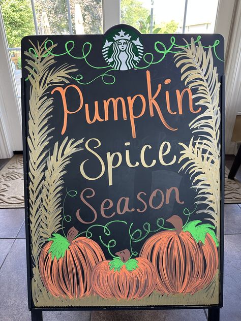 Autumn Coffee Shop Decor, Pumpkin Patch Chalkboard Ideas, Fall Coffee Board Ideas, Fall Coffee Shop Chalkboard Signs, Coffee Shop Chalkboard Signs, Pumpkin Chalkboard Art, Fall Chalkboard Ideas, Starbucks Sign, Starbucks Poster