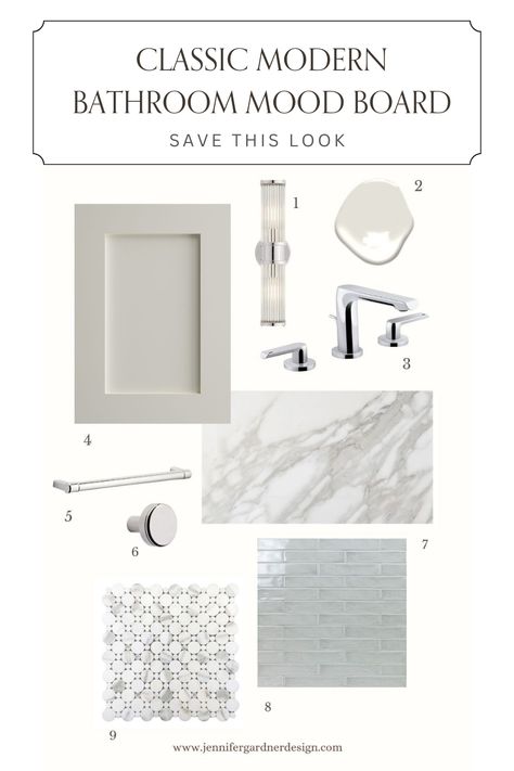 Transform your bathroom into a luxurious oasis with our Get The Look: Bathroom Mood Boards, featuring classic modern inspiration and ideas that will make your bathroom the relaxing retreat you've always wanted. Explore our collection of beautiful designs, textures, and colors, and find the perfect blend of style and function for your personal space. Don't wait – save this pin now to start your ultimate classic modern bathroom transformation! Modern Classic Bathroom Tile, Bathroom Remodel Inspiration Board, Mood Board For Bathroom Design, Bathrooms With Chrome Fixtures, Guest Bathroom Mood Board, Modern Coastal Bathroom Design, Transitional Master Bath Ideas, Mood Boards Bathroom, Bathroom Tile Mood Board