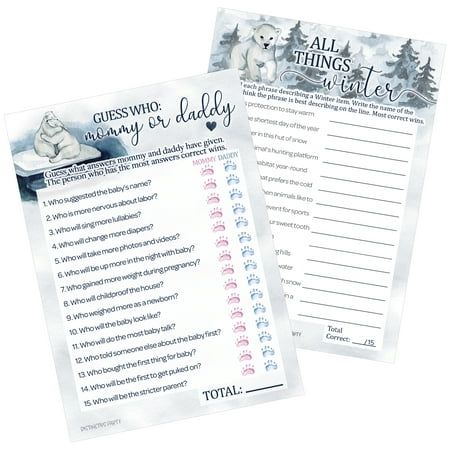 Celebrate the arrival of your little polar bear this winter with our Polar Bear We Can Bearly Wait Baby Shower Party Games - Mommy or Daddy and All Things Winter Matching Games. This 2-activity game bundle includes 20 player cards, ensuring everyone can participate in the fun. Color: Blue.