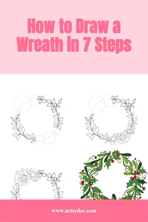 How To Paint A Wreath On Wood, How To Draw A Christmas Wreath, Drawing Wreaths Simple, Holly Wreath Drawing, How To Paint A Wreath, How To Draw A Wreath, Christmas Wreath Drawing Simple, Doodle Wreath, Daisy Flower Drawing