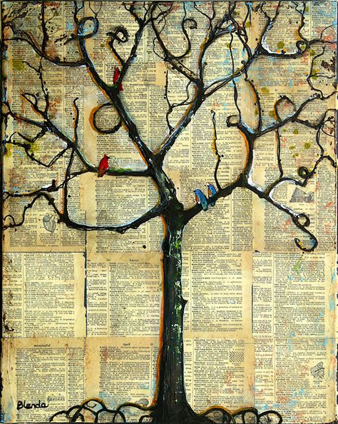 Lexicon Tree of Life in Winter Original Mixed Media Art by Blenda Tyvoll Mixed Media Art Techniques, Newspaper Art, Mixed Media Art Canvas, Winter Tree, Tree Graphic, Gathering Place, Collage Art Mixed Media, Paintings Art Prints, Mixed Media Art Journaling