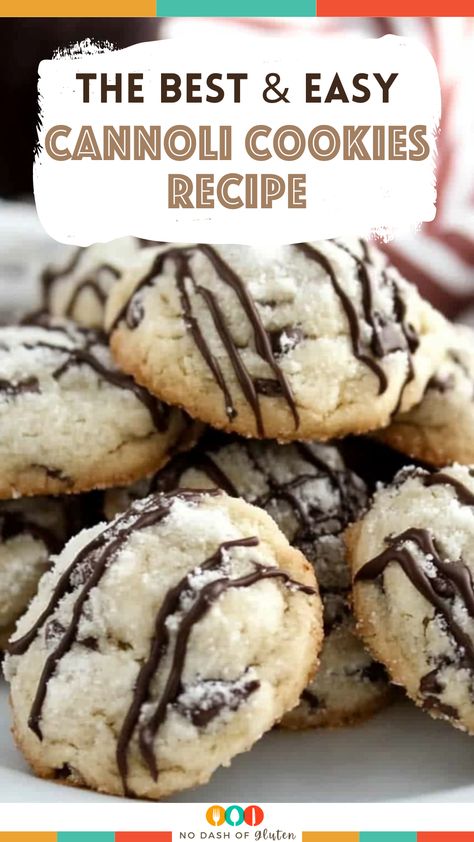 These Cannoli Cookies combine creamy ricotta, crunchy pistachios, and sweet chocolate chips for a unique twist on the classic Italian dessert! Drizzled with chocolate and perfect for any occasion, these cookies are a must-try. Pin now and bake them later for a delicious treat your family will love! Cannoli Cookie, Cannoli Cookies Recipe, Cannoli Cookies, Cannoli Desserts, Work Treats, Italian Christmas Desserts, Ricotta Cookies Recipe, Italian Christmas Cookie Recipes, Italian Ricotta Cookies