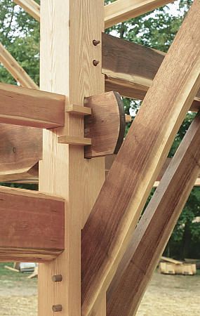 Timber frame joinery in cherry and oak Timber Frame Joints, Framing Design, Log Cabin Sheds, Timber Frame Cabin, Timber Frame Joinery, Timber Frame Design, Woodworking Projects For Beginners, Shed Cabin, Timber Frame Home