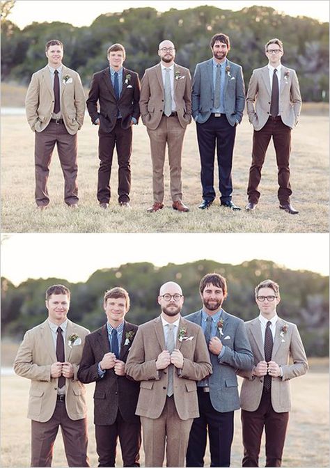 35 Great Groom Looks You'll Love from #weddingchicks Groomsmen Attire Not Matching, Non Matching Groomsmen Attire, Groomsman Mismatched Suits, Mix Match Groomsmen Suits, Mismatched Groomsmen Attire, Unique Groomsmen Attire, Rustic Groomsmen, Poses Hands, Vintage Groomsmen