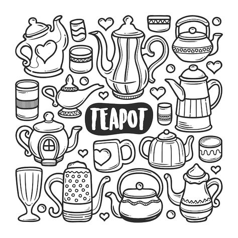 Cute Teapot Drawing, Tea Doodle Art, Teapot Doodle, Teapot Drawing, Icons Hand Drawn, Zestaw Ikon, Black And White Stickers, Doodle Art Journals, Doodle Coloring