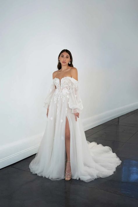 Romantic Off-the-Shoulder Long Sleeve Wedding Dress with Plunging Neckline Floaty Wedding Dress With Sleeves, Off Shoulder Balloon Sleeve Dress, Wedding Dress Illusion Sleeves, Drop Shoulder Wedding Dress, Wedding Dress With Off Shoulder Sleeves, Trumpet Sleeve Wedding Dress, Long Sleeve Summer Wedding Dress, Rustic Farm Wedding Dress, Plunge Wedding Dress Neckline