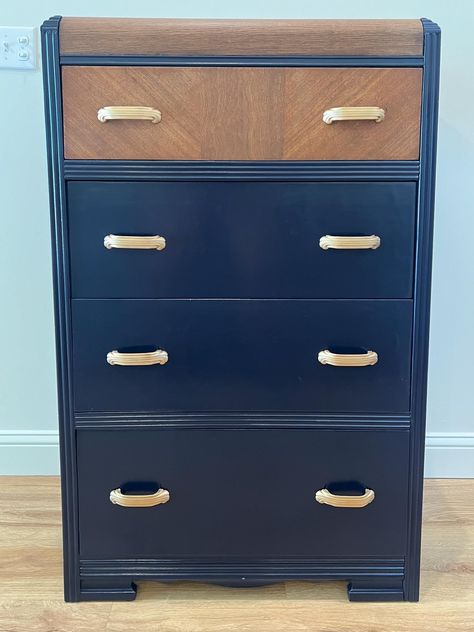 This beautiful art deco waterfall dresser is such a statement piece! It has been refinished and has the original hardware. Drawers glide smooth and the drawer liners give that extra something! 30" wide x 17" deep x 48" tall SHIPPING IS NOT FREE! Please contact me prior to purchasing for a shipping quote.  Follow me on Instagram for more fun projects @kcfitments Waterfall Dresser Makeover, Tall Dresser Makeover, Art Deco Waterfall Dresser, Waterfall Furniture, Refinished Vintage Furniture, Waterfall Dresser, Art Deco Dresser, Boy Dresser, Dresser Refinish