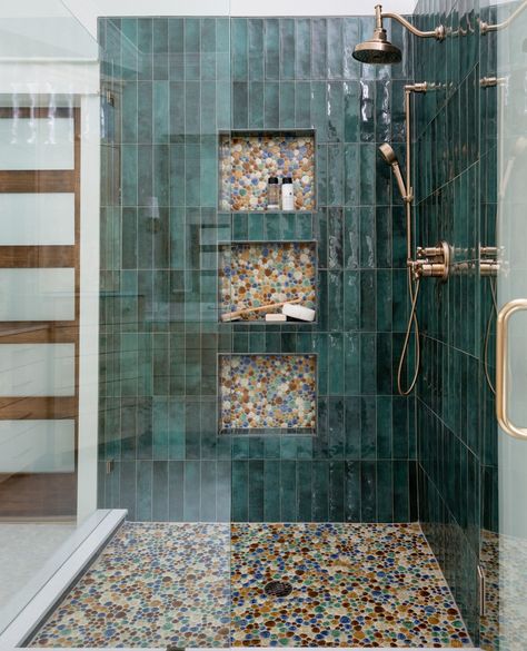 One of the best parts of working with our clients is the ability to flex our creative muscles- whether it is problem solving a layout issue or designing unique shower tile designs, we love every aspect of it! Each design is curated specifically for the homeowner, and this one was no different! With an earthy inspired palette, this shower is a true showstopper.⁠  Click the link to see our other creative bathroom designs and solutions. ⁠ Natural Shower Room Ideas, Unique Tiles Design, Unique Shower Tile, Bedroom Bathroom Combo, Bathroom Design Master, Bathrooms 2024, Unique Bathroom Tiles, Room Ideas Interior Design, Creative Bathroom Design