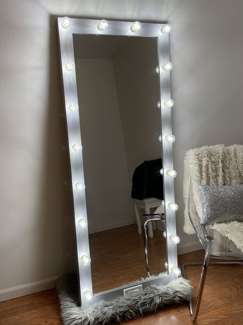 SUPER CUTE 🥰 Full Length Mirror with Lights, 63" x 24" Full Body Vanity Mirror, LED Lighted Full Length Mirror, Large Floor Mirror with Lights, Wall-Mounted and Standing for Bedroom (White) Full Body Vanity Mirror, Full Body Mirror Bedroom Ideas, Full Body Mirror Bedroom, Imvu Room, Full Length Mirror With Led Lights, Floor Mirror With Lights, Full Length Mirror With Lights, Vanity Set Up, Bulb Mirror