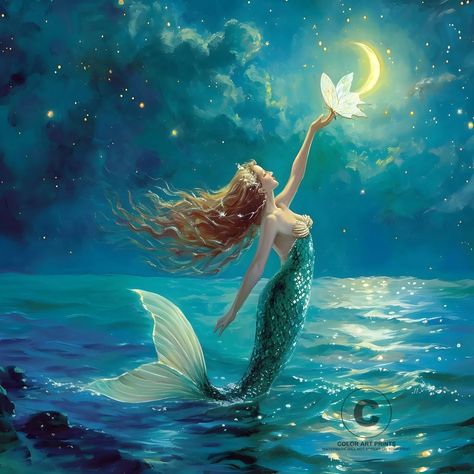 Magical Mermaid Touching Glowing Moon Twinkling Stars Giclée Art Print 12X12 | eBay Mermaid Pictures Art, Moon Bathroom, Friends Challenge, Fairy Moon, Mermaid Moon, Glowing Moon, Magical Mermaid, Mermaid Fairy, Circus Poster