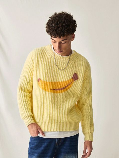 Men Knitted Loose Fit Casual Daily Wear Long Sleeve Sweater Yellow Casual  Wrist-Length Sleeve Knitted Fabric Cartoon,Fruit&Vegetable Pullovers Slight Stretch  Men Clothing, size features are:Bust: ,Length: ,Sleeve Length: Man's Overcoat, Cartoon Fruit, Korean Fashion Summer, Comfortable Pajamas, Man Weave, Casual Stripes, Knitwear Men, Yellow Sweater, Men's Knit