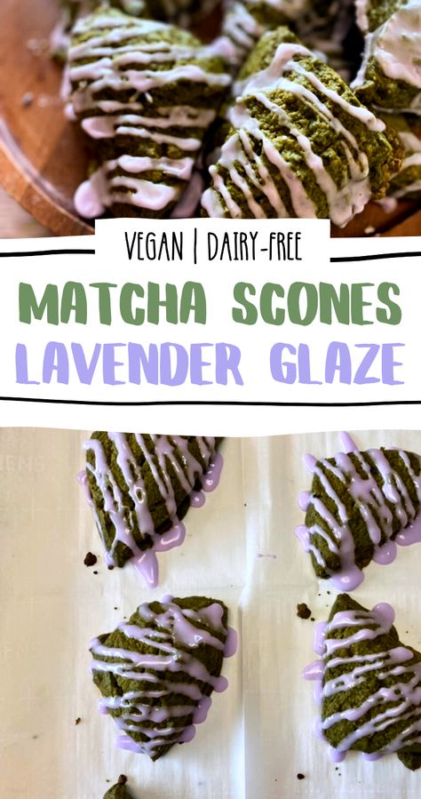 easy dairy-free matcha scones with lavender glaze Vegan Lavender Recipes, Breakfast Pastry Ideas, Matcha Baking Recipes, Matcha Recipe Baking, Matcha Scones, Matcha Dessert Recipes, Scones Vegan, Lavender Glaze, Brunch Pastries