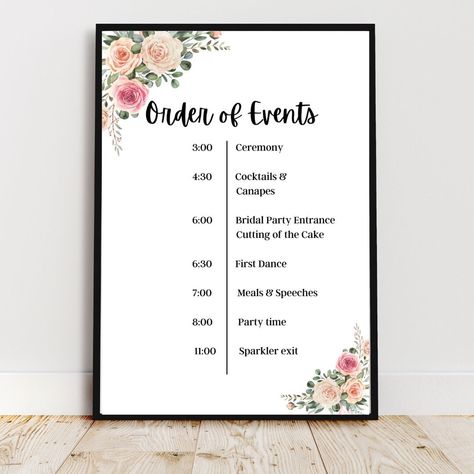 Customisable wedding ceremony order of events sign.  Floral design.  Will download as a Microsoft Powerpoint and you can edit to suit your event. You will receive two files - one A4 and one A3. You can also print to a bigger size if desired. Wedding Ceremony Order Of Events, Ceremony Order Of Events, Reception Order Of Events, Order Of Events Wedding Sign, Ceremony Schedule, Wedding Ceremony Order, Order Of Events Sign, Ceremony Order, Order Of Wedding Ceremony