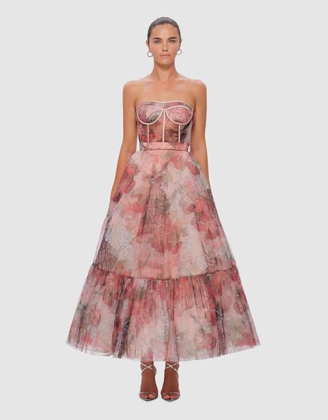 Rae Bustier Midi Dress - Azalea Print in Fortune Bustier Midi Dress, Leo Lin, Corset Boning, Dress Hire, Strapless Bustier, Buy Dresses Online, Linen Midi Dress, Tulle Gown, Font Styles