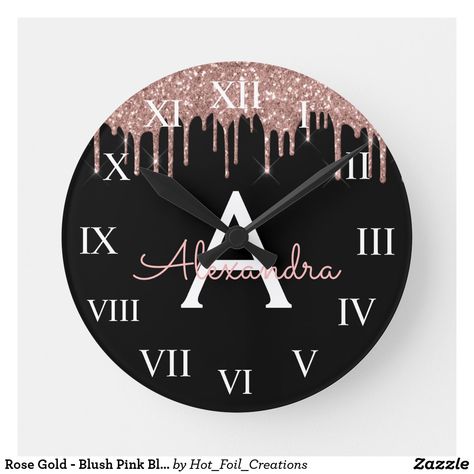 Rose Gold - Blush Pink Black Glitter Monogram Name Round Clock Blush Pink And Black Bedroom, Pink Black Bedrooms, Rose Gold Bedroom Decor, Rose Gold Nursery, Glitter Bedroom, Rose Gold Bedroom, Gold Bedroom Decor, Gold Nursery, Pink Bedroom Decor