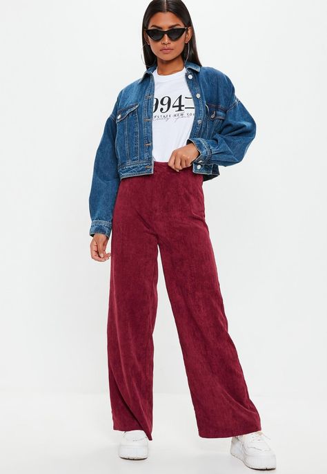 Red Trousers Outfit Casual, Red Velvet Pants Outfit, Velvet Trousers Outfit, Red Trousers Outfit, Velvet Pants Outfit, Maroon Pants Outfit, Red Velvet Pants, Corduroy Pants Outfit, Red Wide Leg Pants