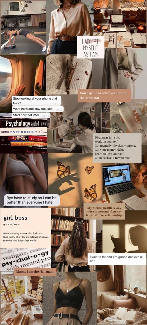 2024 Vision Board Psychology, Aesthetic Vision Board Pictures Psychology, Vision Wallpaper Aesthetic, Vision Board Collage Study, Aesthetic Wallpaper Back To School, Corporate Aesthetic Wallpaper, Pyschology Girl Aesthetic, Vision Board Student Aesthetic, Brown Vision Board Wallpaper