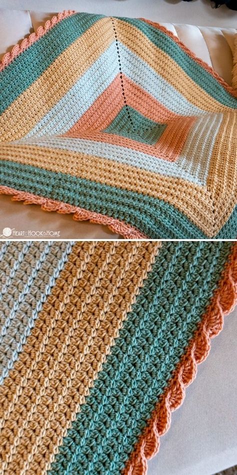 Have you ever heard about the pique stitch? Me neither, but you have a chance to learn how to crochet it by making this amazing blanket by Ashlea. It grows from the center out and is finished with elegant wavy edging. Baby blanket like this is not only beautiful, but also very versatile – it can come in handy in many situations. #freecrochetpattern #crochetpattern #crochetblanket Crochet Blankets From The Center, Quick Stitch Crochet Blanket, Crochet Blanket With 4 Colors, Crochet Blanket Worked From Center, Free Crochet Square Blanket Patterns, Crochet Wavy Edge, Pique Stitch Crochet, Crochet Blanket Patterns Center Out, Crochet Blanket Finishing Edge