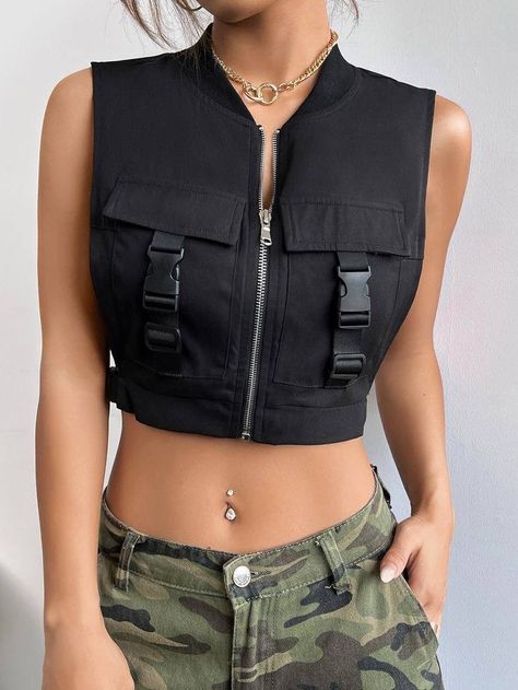 Vest Design Ideas, Tactical Vest Fashion, Sleeveless Jackets For Women, Vest Zipper, Plain Vest, Crop Vest, Mode Kimono, Vest Crop Top, Crop Style