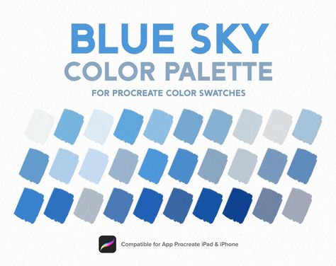 Hello! Here are 30 Blue Sky color swatches that we picked out so you can only import and use in the Pro Creator app. These colors cover warm, cool tones that are old but also modern. Blue Sky Color Palette, Cloud Color, Sky color, Procreate Palette, Procreate Tools, Swatches | Colors for Procreate on iPad 30 Colors. Hope you will like it After purchase, You can download the file from your Safari web browser, not the Etsy app.  Once files are downloaded, you must open the file, the palette will a Procreate Blue Palette, Blue Sky Color Palette, Blue Tones Palette, Sky Blue Color Palette, Sky Color Palette, Sky Palette, Procreate Etsy, Blue Color Palettes, Color Palette For Procreate