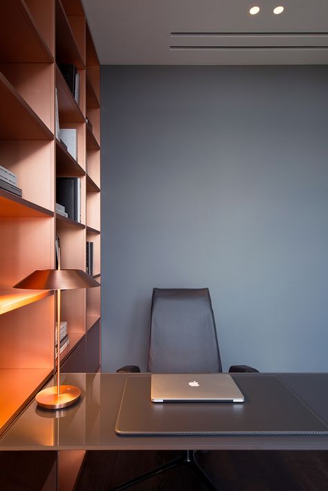 PecherSky apartment on Behance Copper Shelving, Copper Office, Study Desks, Working Room, Copper Interior, Copper And Grey, Best Home Interior Design, Bat Cave, Interior Design Per La Casa