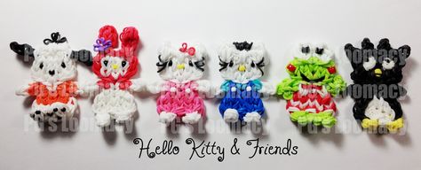 Hello Kitty and her friends are here.  Make these favorite Sanrio Characters on the Rainbow Loom.  Here's the link for the tutorials: http://www.youtube.com/playlist?list=PLZgH907VdTZtds2y2nU3st4NzxoMWcjSP.   For extended looms (two looms) the tutorials are here: http://www.youtube.com/playlist?list=PLZgH907VdTZuIOhT-ZHNpA81ipuiVuJ7_ Sanrio Loom Bracelet, Hello Kitty Loom Bracelet, Cute Rainbow Loom Charms, Hello Kitty Rainbow Loom Bracelet, Rubber Band Charms Without Loom, Rainbow Loom Characters, Hello Kitty And Her Friends, Lumigurumi Rainbow Loom, Loom Band Charms