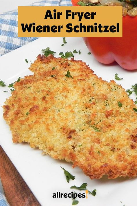 This air fryer wiener schnitzel recipe is a quick and easy German food recipe! Cook this tender and juicy classic wiener schnitzel using veal, lemon juice, bread crumbs, and lemon. You will love cooking this air fryer recipe for dinner or an Oktoberfest party! Air Fryer Veal Cutlets, Air Fryer Schnitzel Pork, Air Fryer Veal Parmesan, Pork Schnitzel Recipe Air Fryer, Veal Cutlets In Air Fryer, Veal Schnitzel Recipe, Air Fryer Pork Schnitzel, Wiener Schnitzel Recipe, Deer Cutlets Recipe