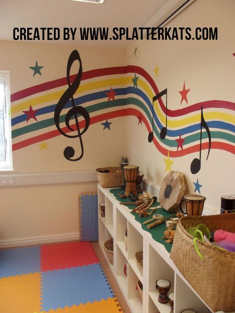 Music Themed Wall Art, Music Room Decorations School, Music Theme Classroom Ideas, Preschool Music Center, Music Wall Art Ideas, Music Classroom Design, Music Themed Nursery, Kids Music Room, Music Mural