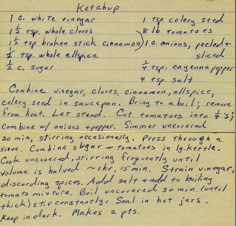 Old Fashioned Ketchup Recipe, Ketchup Recipe, Homemade Ketchup, Canning Vegetables, Heirloom Recipes, Marinade Sauce, Handwritten Recipes, Vintage Cooking, Amish Recipes