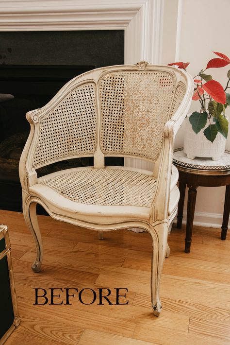 DIY French Cane Barrel Chair: DIY Thrift Flip « blue augustine - BlueAugustine.com Barrel Back Chair, Antique Cane Chair, Hallway Chair Ideas, French Cane Chairs, Barrel Cane Chair, French Provincial Chair Makeover, Cane Chairs Painted, Cane Barrel Chair, Vintage Cane Chair