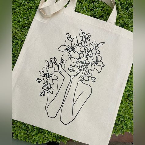 New Floral Girl Canvas Tote Bag 100%Cotton 15”W By 16”H Nwot Handcrafted Final Sale Hand Painted Tote Bags Art, Painted Totes, Jean Ideas, Wool Bags, Knitting Tote Bag, Knitting Tote, Drawing Bag, Market Tote Bag, Painted Tote