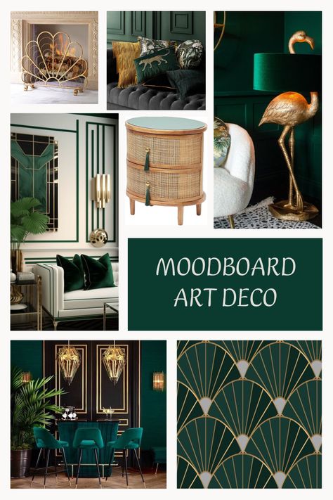 Moody Art Deco Living Room, Great Gatsby Interior Design, Art Deco Moodboard, Contemporary Art Deco Interior, Art Deco Apartment Decor, Art Deco Color Palette, Art Deco Mood Board, Modern Art Deco Design, Salon Art Deco