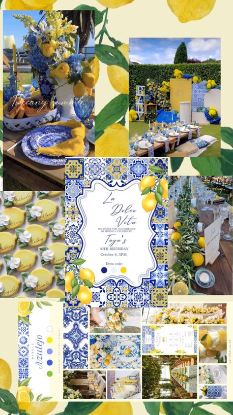 Citron weeding mariage thème them blue Weeding Themes, Mediterranean Party, 21 Diner, Amalfi Coast Wedding, Desi Wedding Decor, Dinner Themes, Desi Wedding, 25th Birthday, Grad Parties