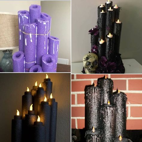 Recycled Pool Noodle Halloween Flameless Candle Decor https://www.survivingateacherssalary.com/recycled-pool-noodle-halloween-harry-potter-decor-idea/ We've seen this idea on Pinterest for a while. This version gives the best instructions! This is perfect for Harry Potter Haunted Mansion and other fun Halloween decor. Halloween Flameless Candle Decor Materials Needed: 4Pool Noodles Black Spray Paint 2 cans Rope Battery Operated Tea Lights Clear Acrylic Spray 1 can Hot Glue Gun& Glue Serrated Kni Halloween Swimming Pool Ideas, Black Pool Noodles Halloween, Pool Noodles Halloween Ideas, Pool Noodle Halloween Candles, Flameless Candle Decor, Pool Noodle Candles, Pool Noodle Halloween, Noodle Crafts, Pool Candles