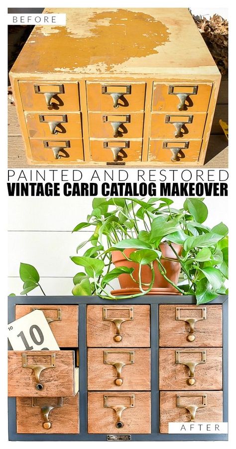 A beautiful nine drawer vintage card catalog gets repaired, stained and painted for a fresh new look. #cardcatalog #vintagefurniture #furnituremakeover #paintedfurniture #librarycatalog Card Catalog Cabinet, Card Catalog, Diy Wall Shelves, Closet Organization Diy, Paint Cards, Vintage Card, Furniture Projects, Vintage Cards, Furniture Makeover