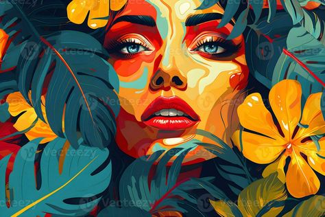 abstract background woman face pop art style flowers patterns illustrations background, AI generate Women With Flowers Drawing, Graffiti Faces, Canvas Background Ideas, Pop Art Mural, Pop Art Face, Flower Mural, Pop Art Girl, Silhouette Painting, Abstract Face Art