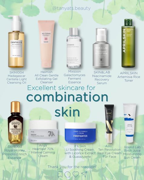 Typically, the main concerns of combination skin are dryness in some areas, along with excessive sebum production, large pores, and occasional inflammation. I am a lucky owner of combination skin myself, and here are some products which I can definitely recommend: ▫️ The cleansers should be gentle yet effective, non-irritating. SKIN1004 Madagascar Centella Light Cleansing Oil and Heimish All Clean Gentle Exfoliating Gel Cleanser are perfect examples. ▫️ Including probiotics and fermented i... Eye Cream For Combination Skin, Best Oil Cleanser For Combination Skin, Oil Cleanser For Combination Skin, Best Cleanser For Combination Skin, Combination Skin Cleanser, Asian Skin Care Routine, Best Cleansing Oil, Cleanser For Combination Skin, Skincare For Combination Skin