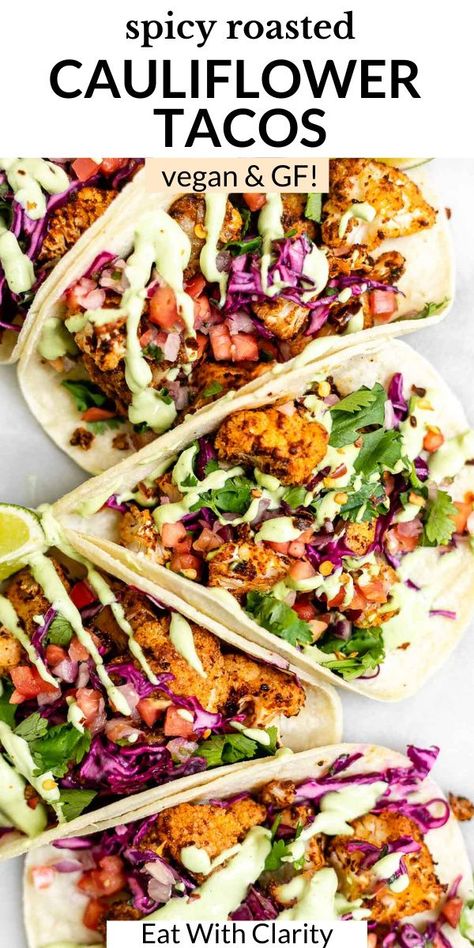 Cilantro Lime Crema, Roasted Cauliflower Tacos, Lime Crema, Plat Vegan, Cauliflower Tacos, Healthy Plant Based Recipes, Plant Based Diet Recipes, Tasty Vegetarian Recipes, Vegetarian Dinners