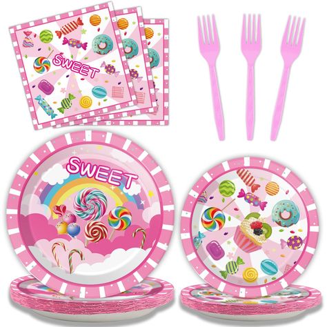 PRICES MAY VARY. What's in the package: You'll receive 24 9" candyland party paper plates, 24 7"candyland paper plates, 24 6.5"candyland napkin replacers, and 24 plastic pink forks, each set serves 24 people guests Premium material: All our candy themed plates and napkins are made of high quality paper, non-toxic, odor free, heat resistant and durable. The patterns and colors are beautifully printed and fade resistant to give you a party full of gone candy themed vibes. Candyland Table Decor: De Candyland Themed Party, Candyland Party Decorations, Lollipop Birthday, Unicorn Birthday Decorations, Candy Theme Birthday Party, Candy Themed Party, Lollipop Party, Candy Birthday Party, Unicorn Party Supplies